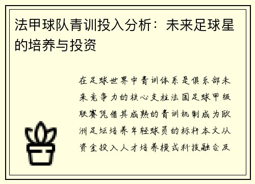 法甲球队青训投入分析：未来足球星的培养与投资